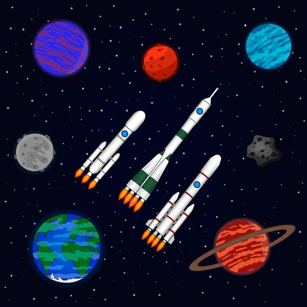 太空飞船在星际空间飞行 太空飞船 主题空间上的矢量插图 — 图库矢量图片