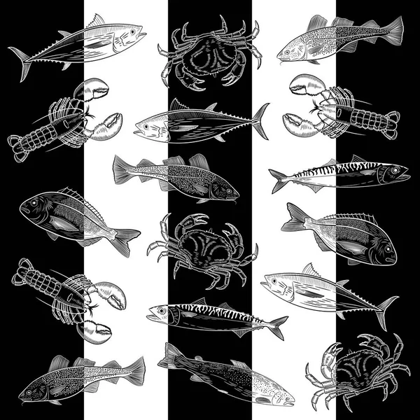 그린된 물고기와 새우의 패턴입니다 고등어 랍스터 Chaotically 검은색과 배경에 있습니다 — 스톡 벡터