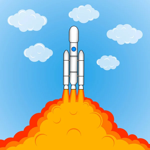 The space rocket flies up after the launch. Drawing rockets, start, gases and fuel. Vector illustration