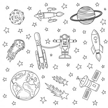 Beyaz bir arka plan üzerinde yıldız ve göktaşları, Uzay gemileri ve astronot, uydular. Kroki çizim, renksiz. Vektör çizim. Şablonu temel alan Tema