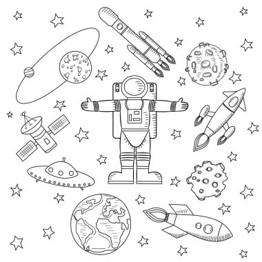 Resmin merkezini astronot, yıldız ve göktaşları, Uzay gemileri ve bir uçan daire uydular üzerinde beyaz bir arka plan olduğunu. Bir kroki çizim, renksiz. Vektör çizim