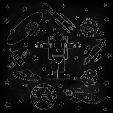 Resmin merkezini astronot, yıldız ve göktaşları, Uzay gemileri ve bir uçan daire uydular siyah bir arka plan olduğunu. Kroki çizim. Vektör çizim