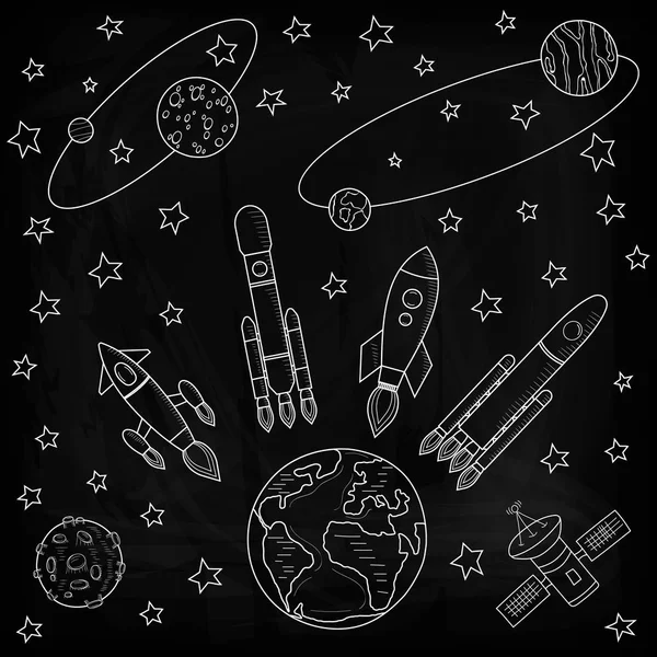 太空飞船从地球飞向其他行星 行星和卫星 火箭飞向太空 在黑板上画粉笔 黑色背景上的矢量插图 — 图库矢量图片