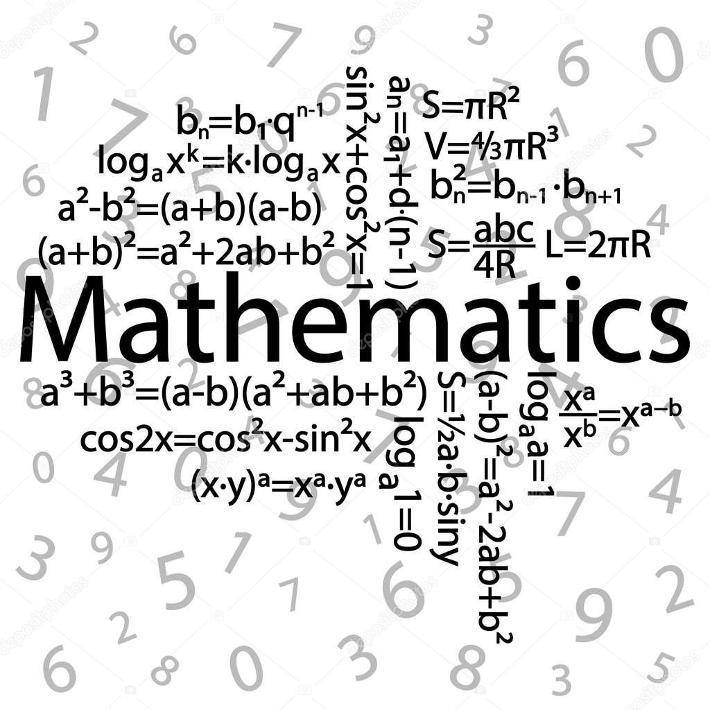 Mathematical formulas are presented in the form of a brain shape, drawn against a background of simple digits. Vector illustration