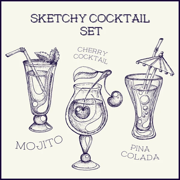 Hand drawn ink sketchy cocktail set. Vector illustration — Stock Vector