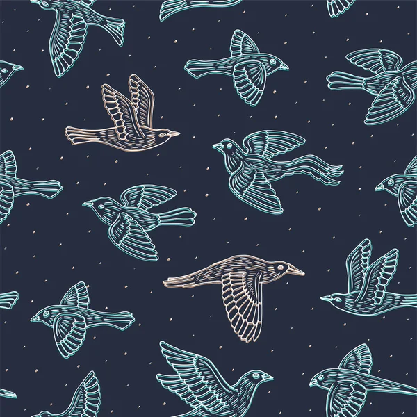 手描きの装飾的な鳥のシームレスなパターン。動物のベクトル図 — ストックベクタ
