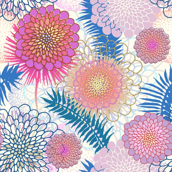 Feuilles tropicales et fleurs motif sans couture — Image vectorielle