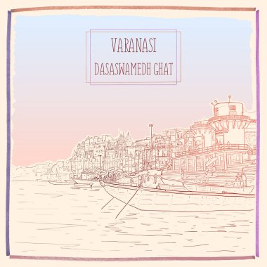 Dasaswamedh Ghat, Varanasi, Uttar Pradesh, Hindistan. Çizilmiş vektör çizim el