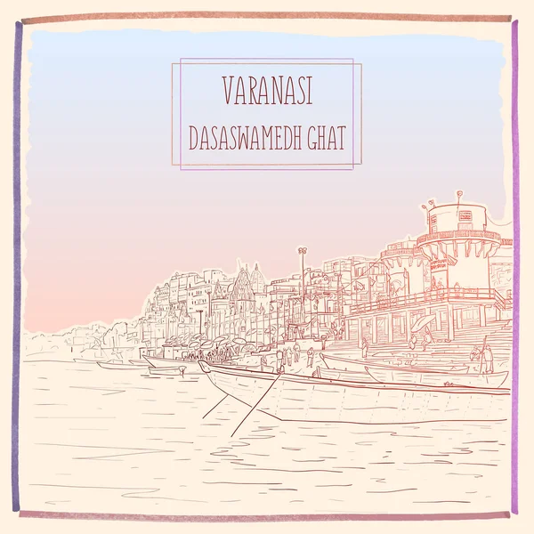 Dasaswamedh Ghat, Varanasi, Uttar Pradesh, India. Hand drawn vector illustration — Stock Vector