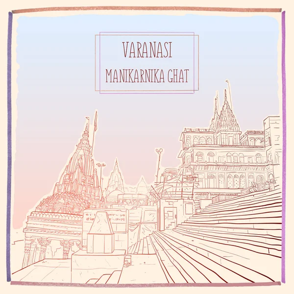 Manikarnika Ghat, Varanasi, Uttar Pradesh, India. Hand drawn vector illustration — Stock Vector