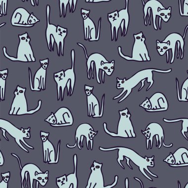 El çizimi mürekkep izi. Koyu arka planda kediler, çocuklar için basit çizgi film tarzında kusursuz desenler. Tişört, kumaş, ambalaj ve duvar kağıdı tasarımı için vektör modern illüstrasyon.