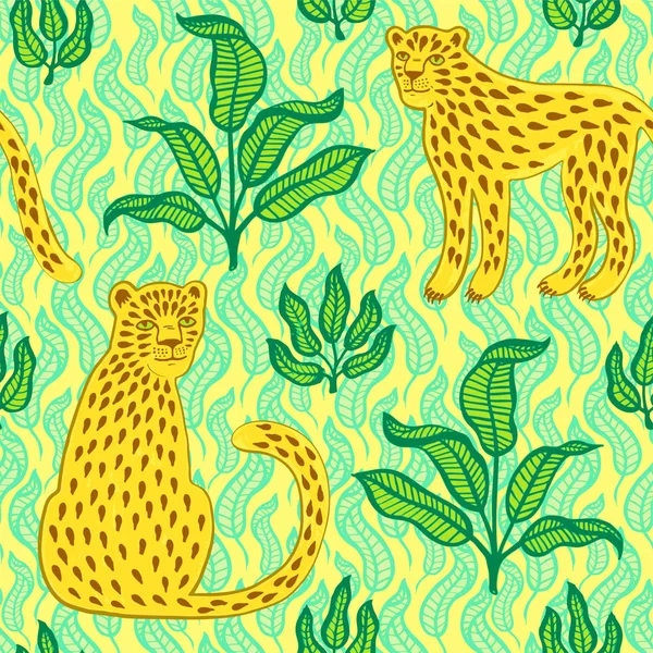 Impressão exótica desenhada à mão. Padrão sem costura com gatos selvagens e folhas tropicais em estilo cartoon. Ilustração moderna vetorial para t-shirt, tecido, envoltório e design de papel de parede. Fundo doodle engraçado —  Vetores de Stock