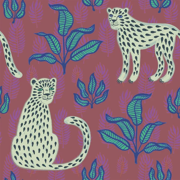 Hand drawn exotic print. Seamless pattern with wild cats and tropical leaves in cartoon style. Vector modern illustration for t-shirt, fabric, wrapping and wallpaper design. Funny doodle background