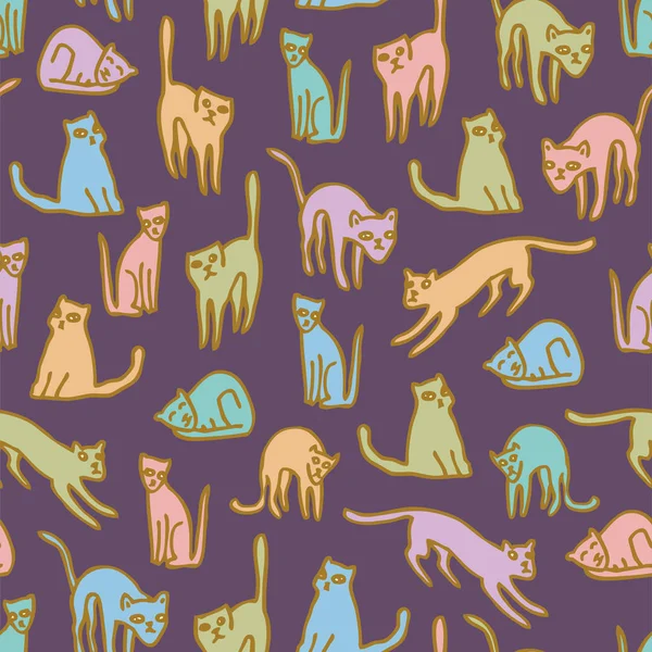 Handritat doodlebläckavtryck. Sömlöst mönster med färgglada katter i enkel tecknad stil för barn. Vektor modern illustration för t-shirt, tyg, inslagning och tapet design. — Stock vektor