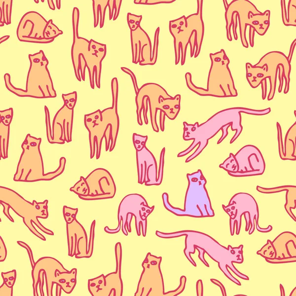 Handritat doodlebläckavtryck. Sömlöst mönster med rosa katter på gul bakgrund i enkel tecknad stil för barn. Vektor modern illustration för t-shirt, tyg, inslagning och tapet design. — Stock vektor