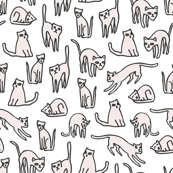 Tirage à la main à l'encre de gribouillage. Modèle sans couture avec des chats blancs dans un style de dessin animé simple pour les enfants. Illustration vectorielle moderne pour t-shirt, tissu, emballage et papier peint . — Image vectorielle