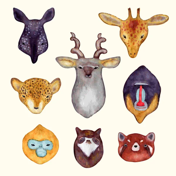 Pegatinas Animales Acuarela Cabeza Animales Dibujados Mano León Tigre Ilustración — Vector de stock