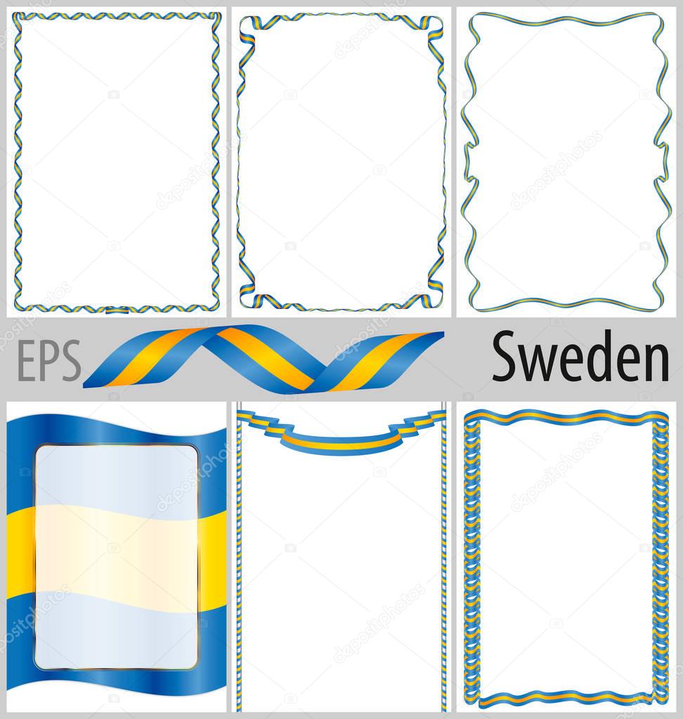 Set of 6 frames and borders with coloring Sweden flag