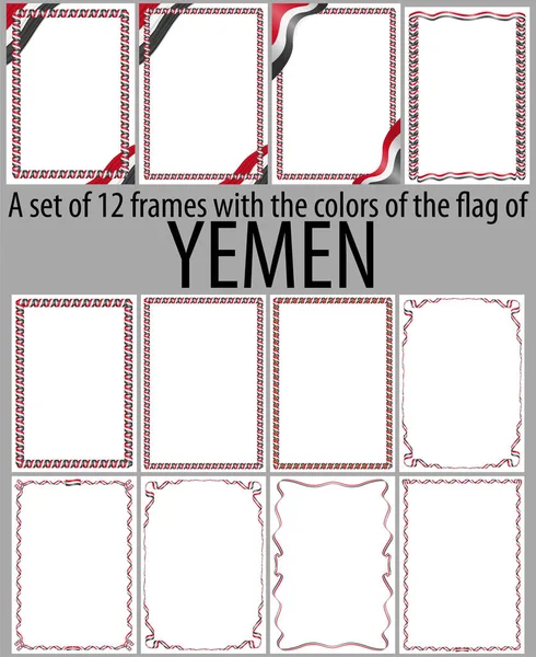 Set of 12 frames with the colors of the flag of Yemen — Stock Vector