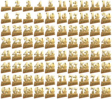 Yıldönümü için bir Altın külçe altın rakamlar kümesi. Çeviri Almanca - yıl. 3D çizim