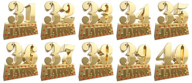 Yıldönümü için bir Altın külçe altın rakamlar kümesi. Çeviri Almanca - yıl. 3D çizim