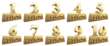 Yıldönümü için bir Altın külçe altın rakamlar kümesi. İspanyolca - yıl çeviri. 3D çizim