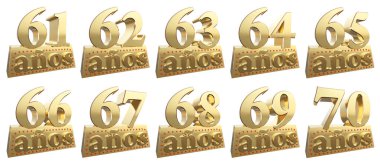 Yıldönümü için bir Altın külçe altın rakamlar kümesi. İspanyolca - yıl çeviri. 3D çizim