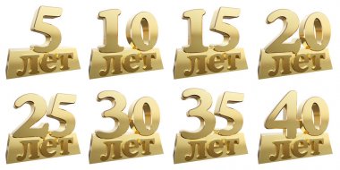 Yıldönümü için bir Altın külçe altın rakamlar kümesi. Rusça - yıl çevirisi. 3D çizim