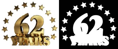 Altın rakam altmış iki ve kelime yılın yıldız ile dekore edilmiştir. 3D çizim