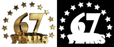 Altın rakam altmış yedi ve kelime yılın yıldız ile dekore edilmiştir. 3D çizim