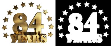 Altın rakam seksen dört ve kelime yılın yıldız ile dekore edilmiştir. 3D çizim