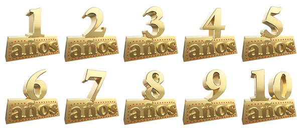 Yıldönümü için bir Altın külçe altın rakamlar kümesi. İspanyolca - yıl çeviri. 3D çizim — Stok fotoğraf