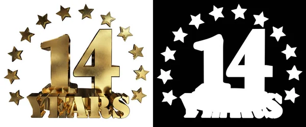 Gouden cijfers veertien en het woord van het jaar, gedecoreerd met sterren. 3D illustratie — Stockfoto