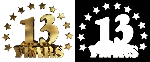 Χρυσή ψηφίο δεκατριών ετών και η λέξη της χρονιάς, διακοσμημένα με αστέρια. 3D απεικόνιση — Φωτογραφία Αρχείου