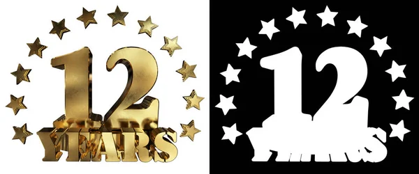 Gyllene siffran tolv och ordet år, dekorerad med stjärnor. 3D illustration — Stockfoto