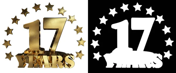 Zlaté číslice sedmnáct a slovo roku, zdobené hvězdami. 3D obrázek — Stock fotografie