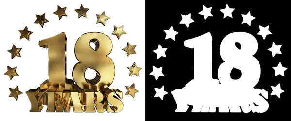 Zlaté číslice, osmnáct a slovo roku, zdobené hvězdami. 3D obrázek — Stock fotografie