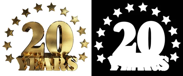 Gyllene siffra tjugo och ordet år, dekorerad med stjärnor. 3D illustration — Stockfoto