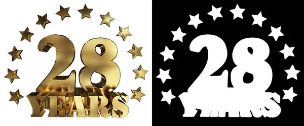 Gouden cijfers achtentwintig en het woord van het jaar, gedecoreerd met sterren. 3D illustratie — Stockfoto