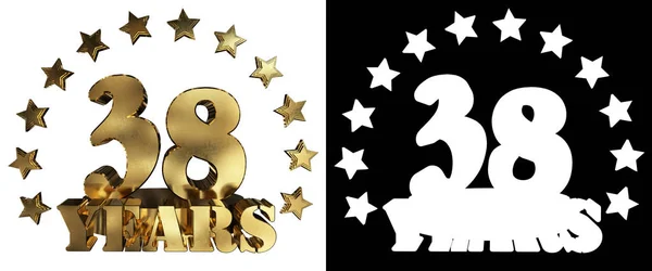 Gouden cijfers dertig acht en het woord van het jaar, gedecoreerd met sterren. 3D illustratie — Stockfoto