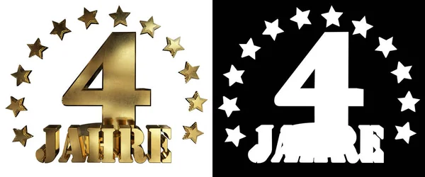 Gyllene siffran fyra och ordet år, dekorerad med stjärnor. Översatt från tyska. 3D illustration — Stockfoto