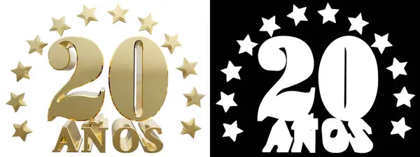 Золотий цифра, двадцять і слово року, прикрашені зірочок. Переклад з іспанської. 3D ілюстрація — стокове фото