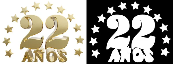 Cifra d'oro ventidue e la parola dell'anno, decorato con stelle. Tradotto dallo spagnolo. Illustrazione 3D — Foto Stock