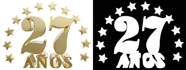 Cifra d'oro ventisette e la parola dell'anno, decorato con stelle. Tradotto dallo spagnolo. Illustrazione 3D — Foto Stock