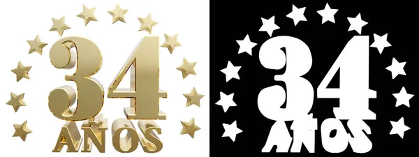 Gyllene siffra trettiofyra och ordet år, dekorerad med stjärnor. Översatt från spanskan. 3D illustration — Stockfoto