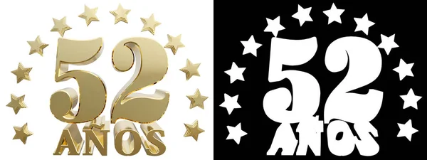 Gyllene siffra femtio två och ordet år, dekorerad med stjärnor. Översatt från spanskan. 3D illustration — Stockfoto