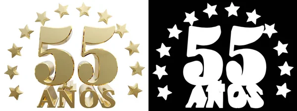 Gyllene siffra femtio fem och ordet år, dekorerad med stjärnor. Översatt från spanskan. 3D illustration — Stockfoto
