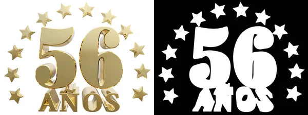 Goldene Zahl sechsundfünfzig und das Wort des Jahres, dekoriert mit Sternen. Aus dem Spanischen übersetzt. 3D-Illustration. — Stockfoto