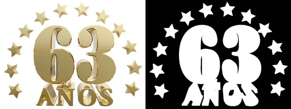 Gouden cijfers drieënzestig en het woord van het jaar, gedecoreerd met sterren. Vertaald uit het Spaans. 3D illustratie — Stockfoto