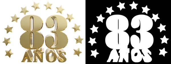 Gyllene siffra åttio tre och ordet år, dekorerad med stjärnor. Översatt från spanskan. 3D illustration — Stockfoto